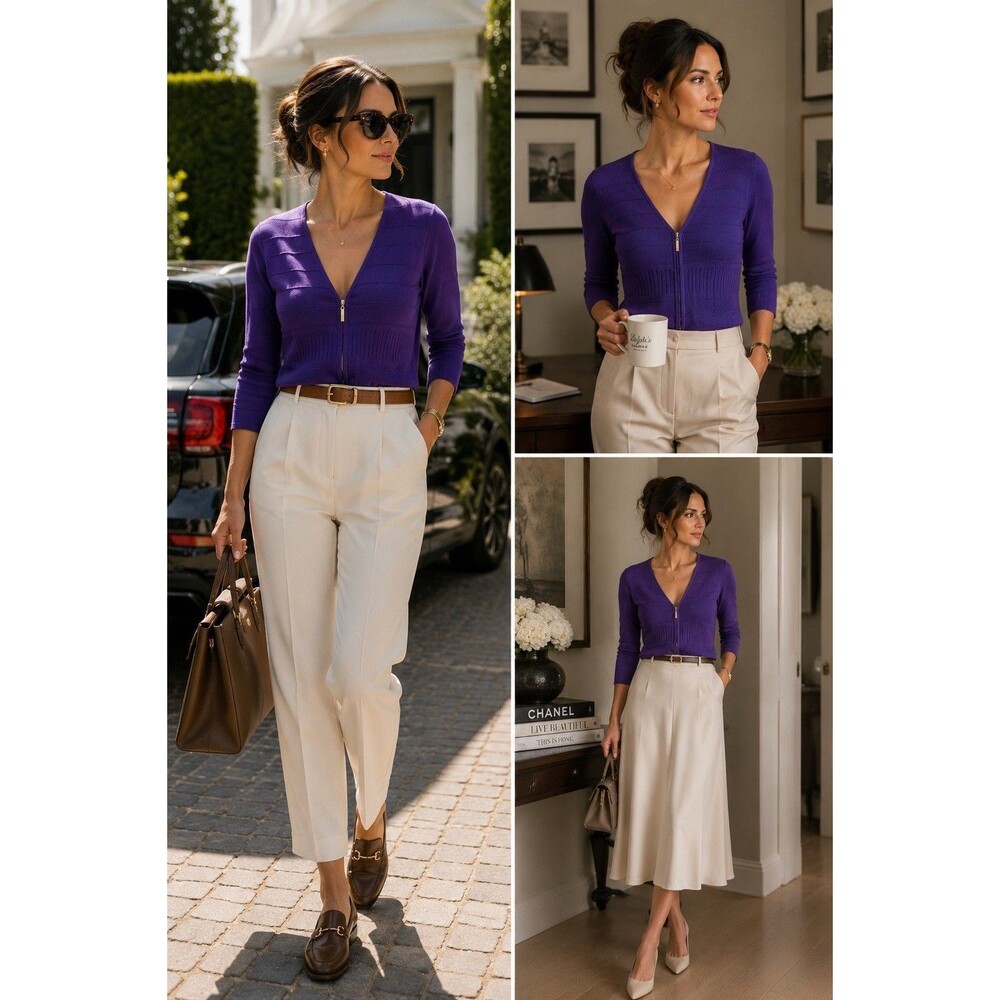 Cable & Gauge Petites Purple Zip Front Knit Cardigan Sweater PS 3/4 Sleeve